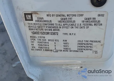 2003 GMC Yukon Slt from USA, damaged, VIN 1GKEC13ZX3R123872